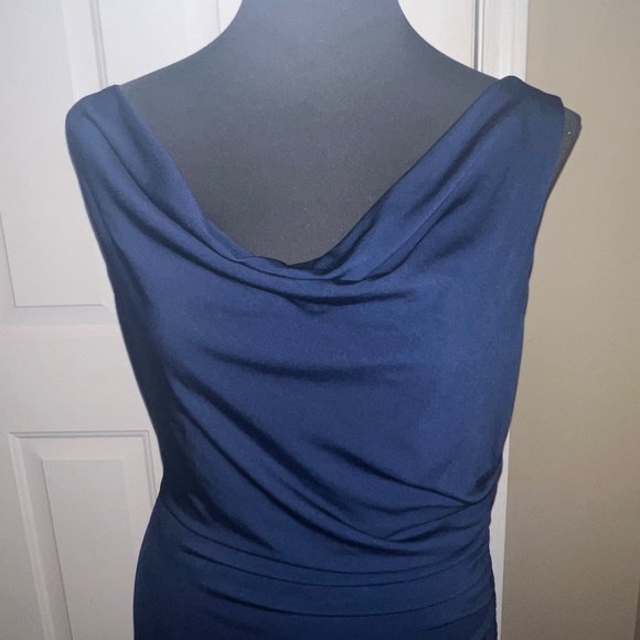 Sam Edelman Drape Neck Ruched Slim Asymmetric  Dress Navy - Picture 3 of 14